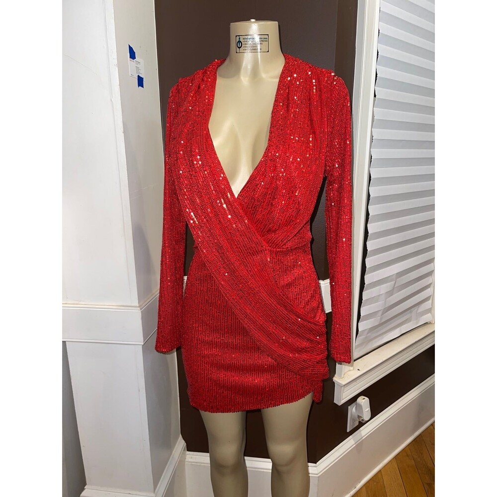Red Sequin Deep V Mini Dress